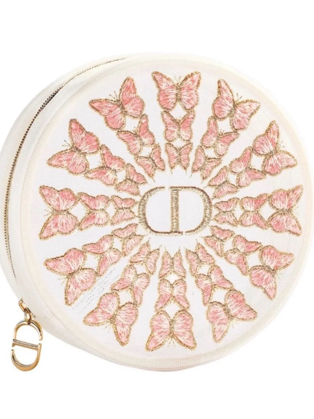 Dior Round White Cosmetic Pouch with Pink Embroidered Butterflies